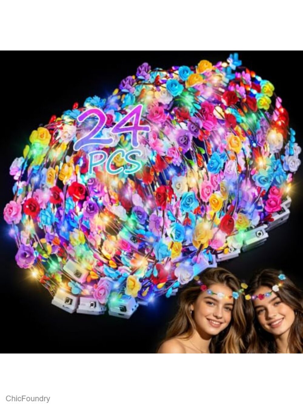 24 Pack LED Flower Crown Headbands Glow in the Dark Party Supplies